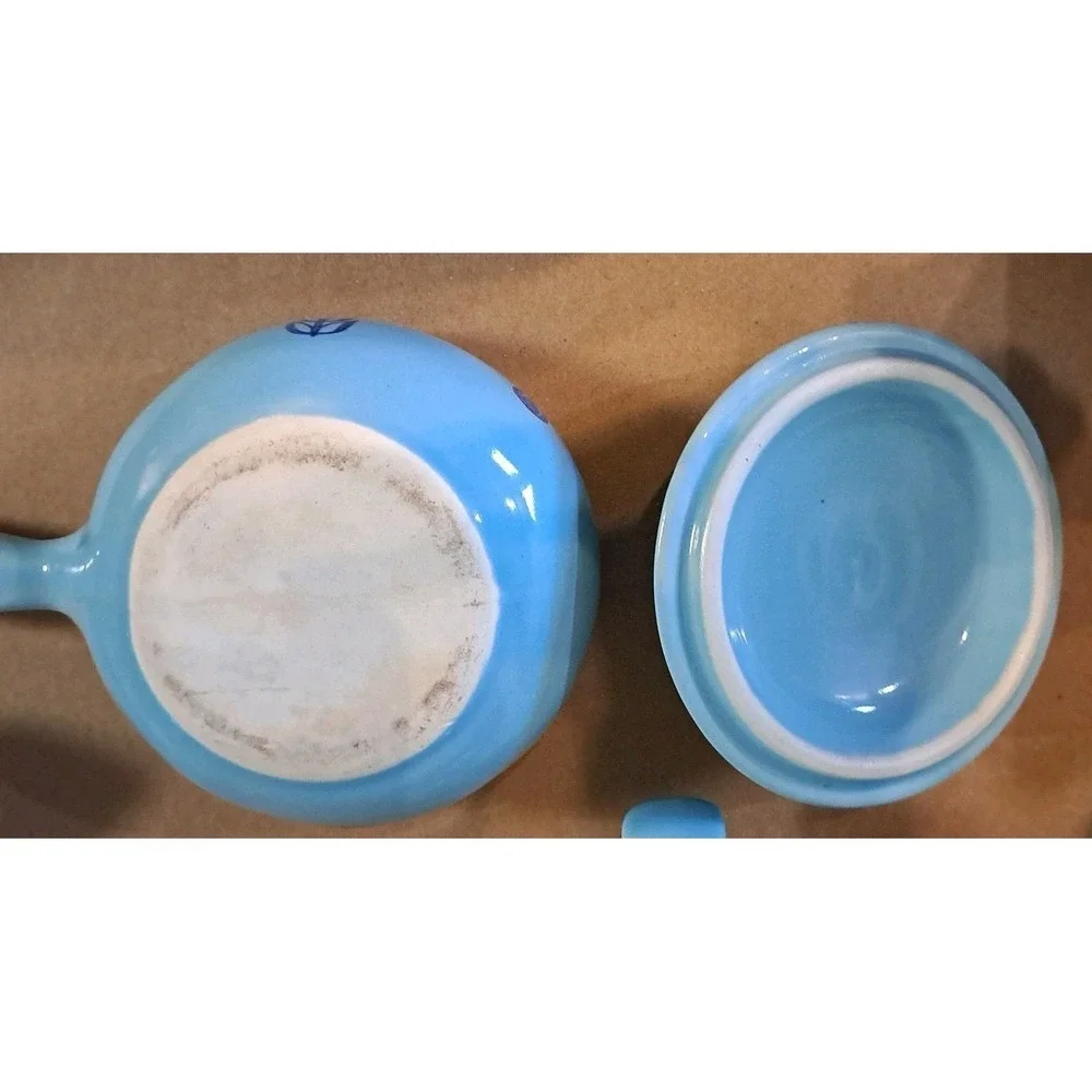 Lot Of 4 Vtg MCM Cronin Blue Tulip Mini Soup/Pot w Lid/Handle Dutch Ovenware USA